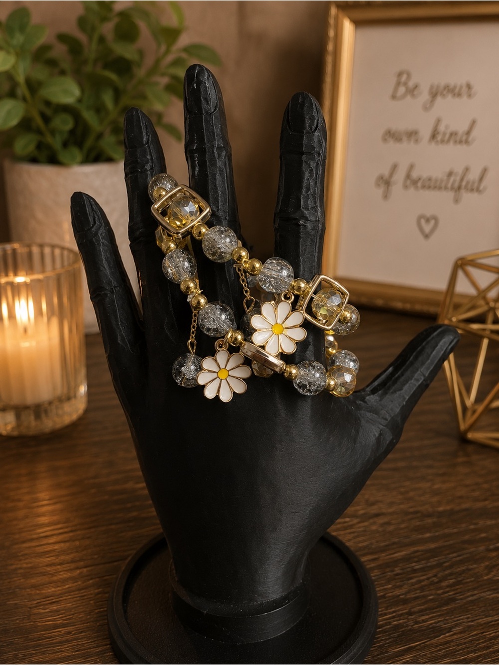 Gold Daisy Charm Bracelet with Clear Beads